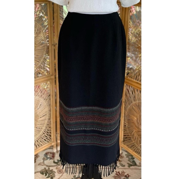Michele Dresses & Skirts - Vintage Michele Black Wool Blend Fringed Midi Skirt